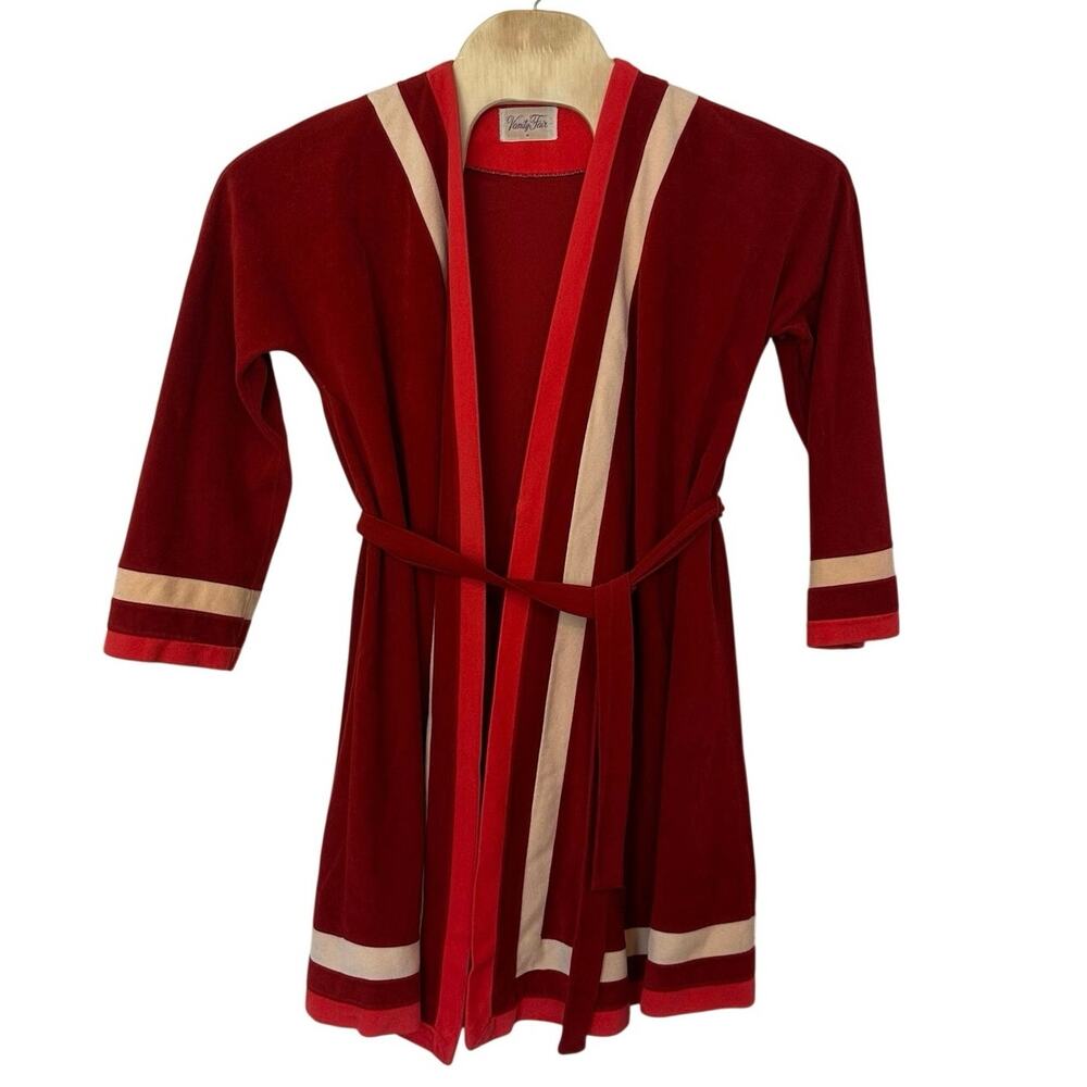 Vanity Fair Vintage Women’s Red and Cream Velour Robe Size M 60s 70s Loungewear